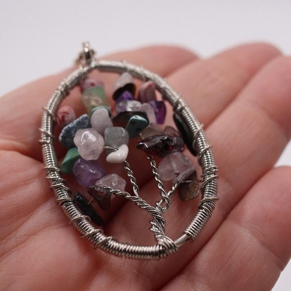 Handmade Multi-Colored Stone Wire Tree of Life Pendant Necklace Tarnished Chain - Picture 3 of 6